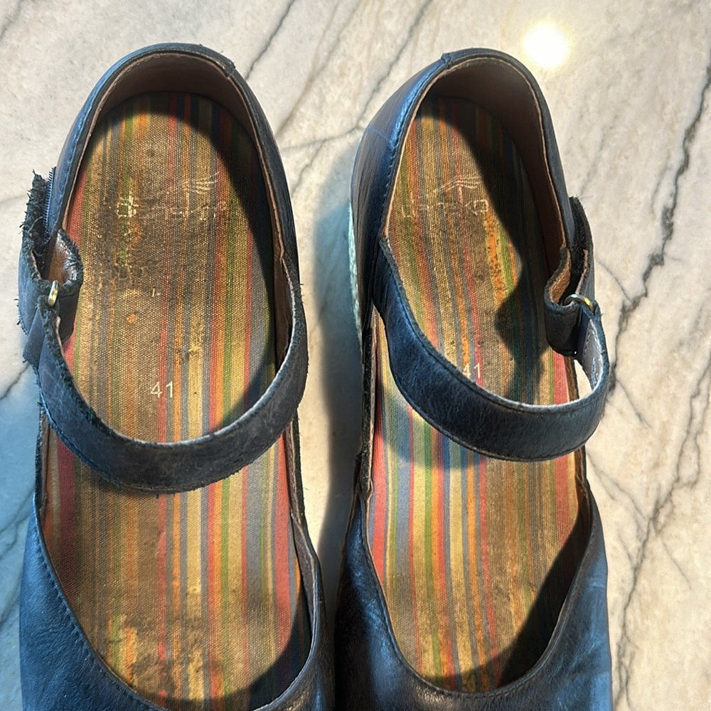 Dansko Black Leather Mary Jane Espadrille Wedges with Striped Insole - Picture 7 of 7